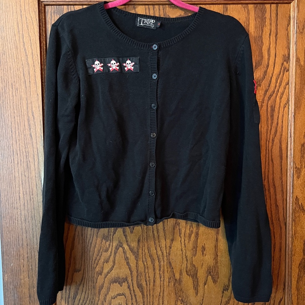 Tripp NYC Black Cardigan with Skull Detail